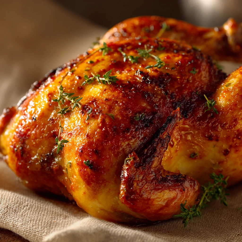 Close-up of golden roasted chicken with crispy skin and fresh herbs.