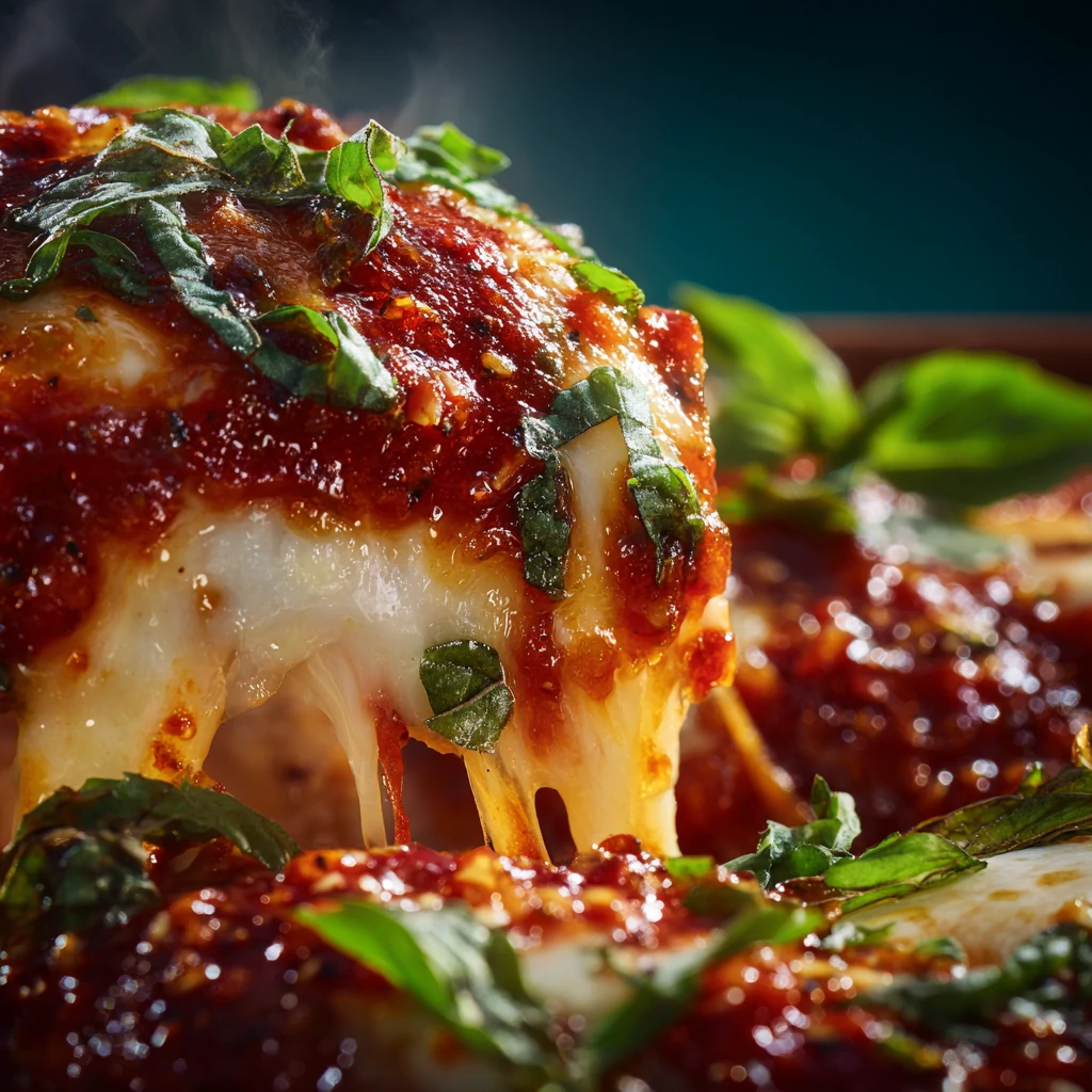 Macro close-up of an Italian-American dish with melted cheese, basil, and rich marinara sauce.