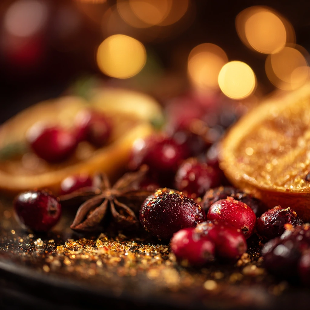 Close-up of festive seasonal ingredients with warm holiday lighting and rich textures.