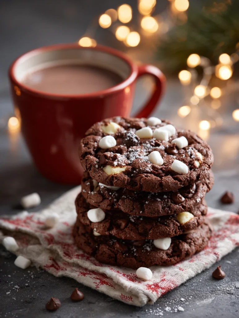 Stack of hot cocoa cookies served with a mug of cocoa and marshmallows